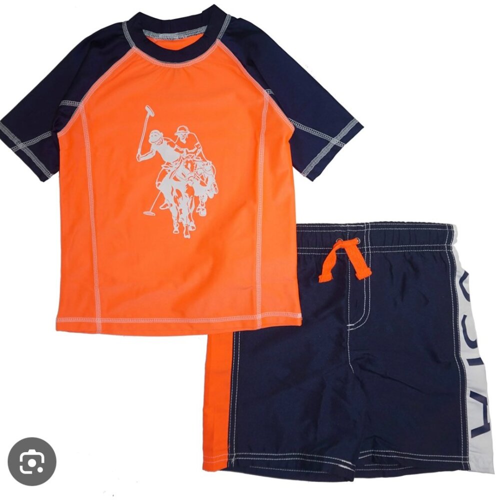 U.S. Polo Assn. Boys 2-piece Swimsuit Trunk & Rashguard. Navy/Orange 3T